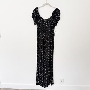 [Justify] Black Puff Sleeve Smocked Floral Print Wide Leg Jumpsuit NWT Sz Large